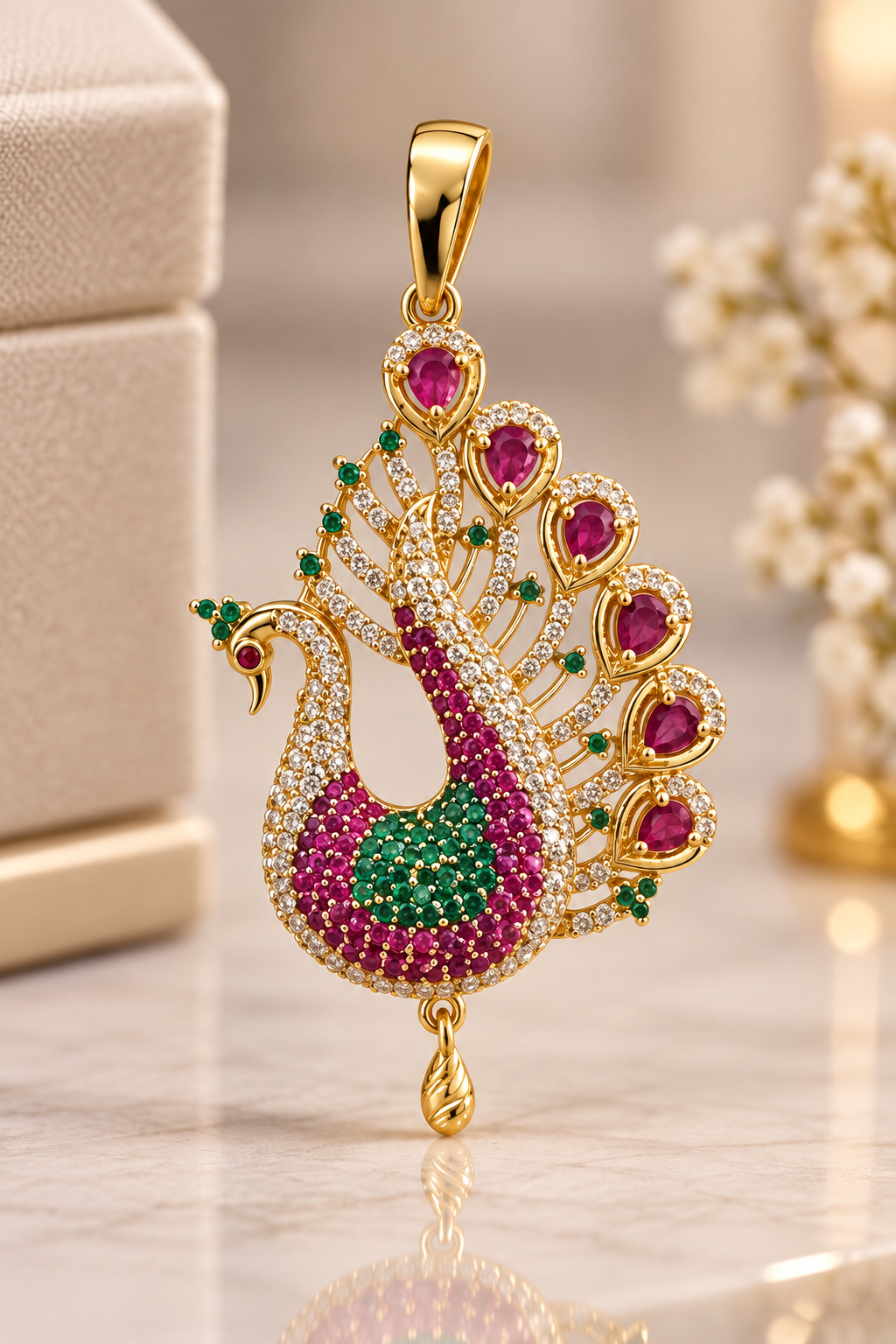 Gold-toned peacock pendant set with coloured stones