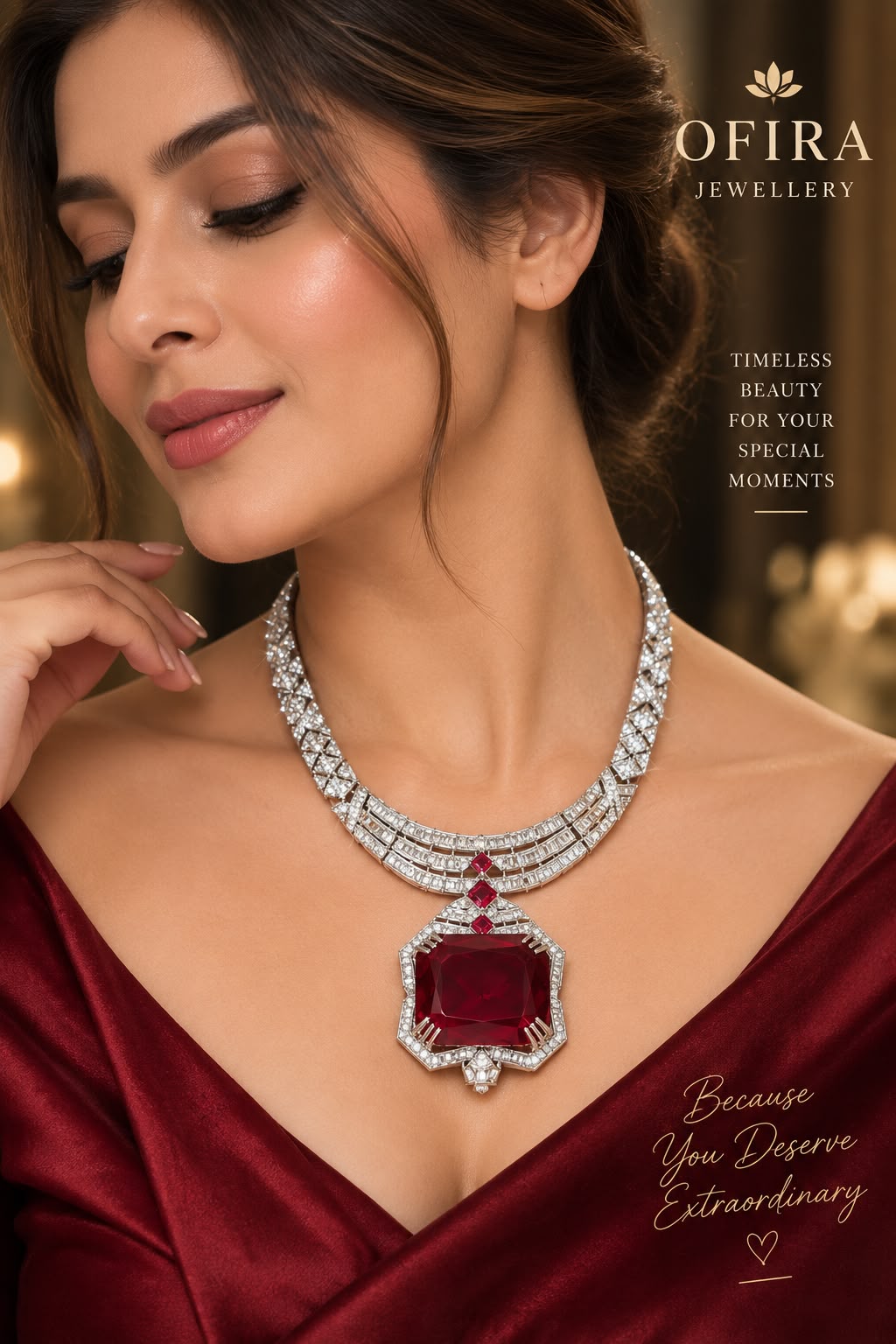 Statement necklace with a red centre stone, worn by a model